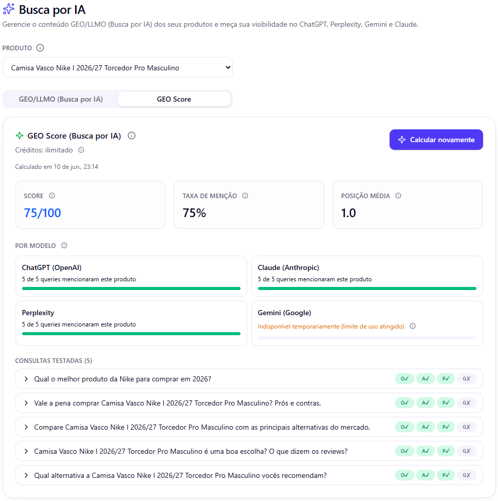 GEO Score — output real Prismaly